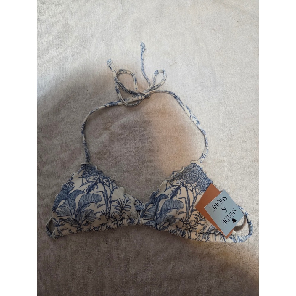 Shade & Shore Blue White Tropical Palm Scalloped Triangle Bikini Top XS NWT
